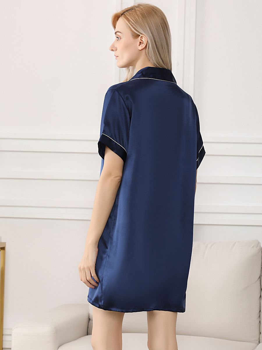 19 Momme Women's Classic Short-Sleeve 100% Silk Nightshirt with Trimming