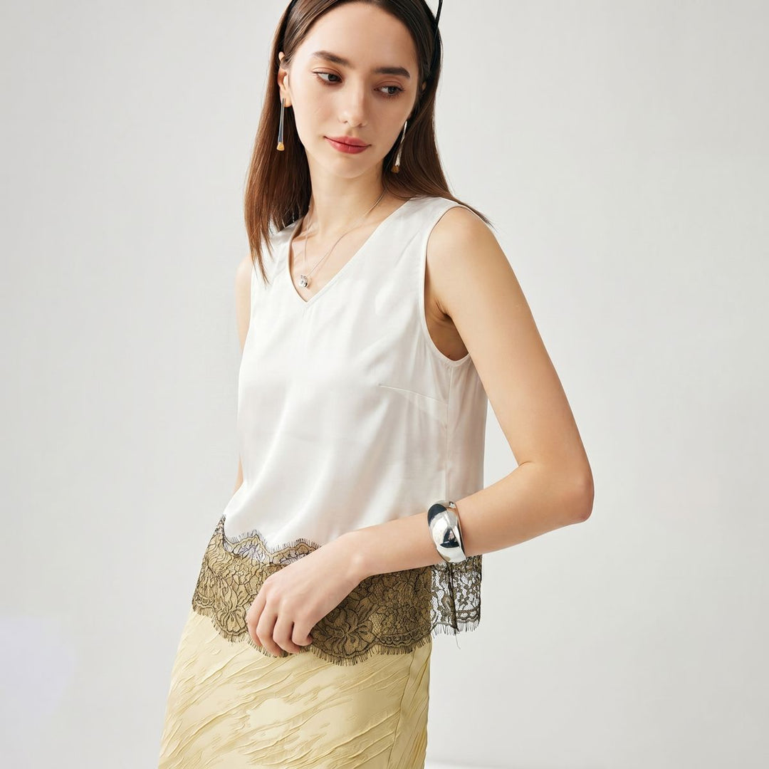 22 Momme V-Neck Silk Lace Tank Top for Women