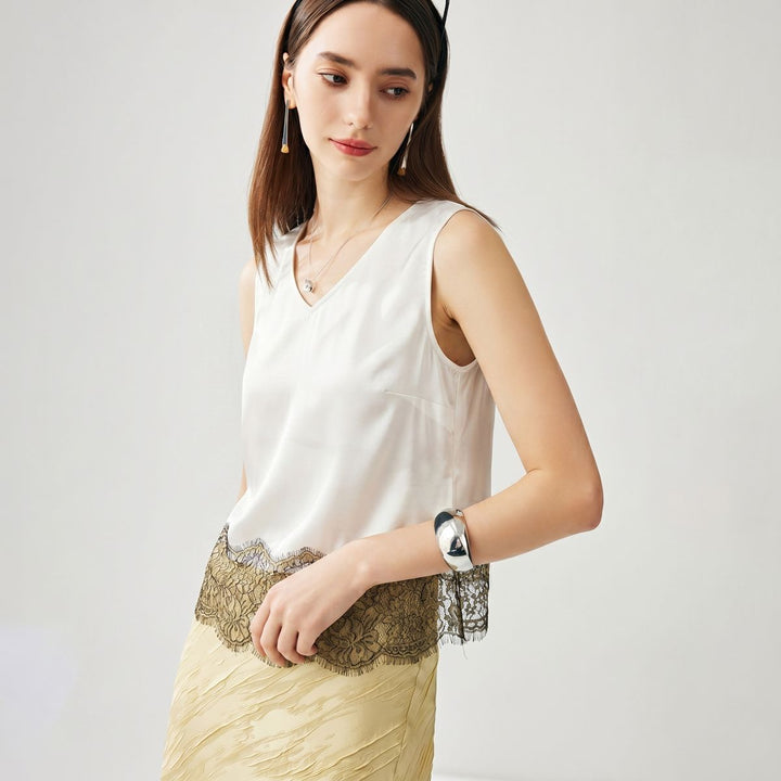 22 Momme V-Neck Silk Lace Tank Top for Women