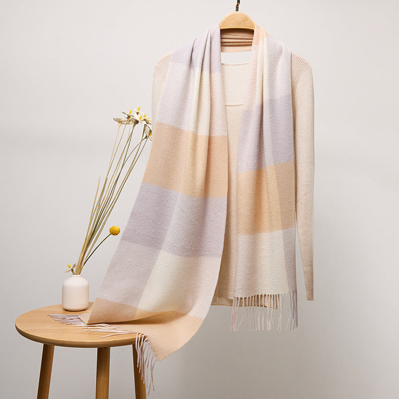 Long Plaid Pure Cashmere Scarf with Tassels