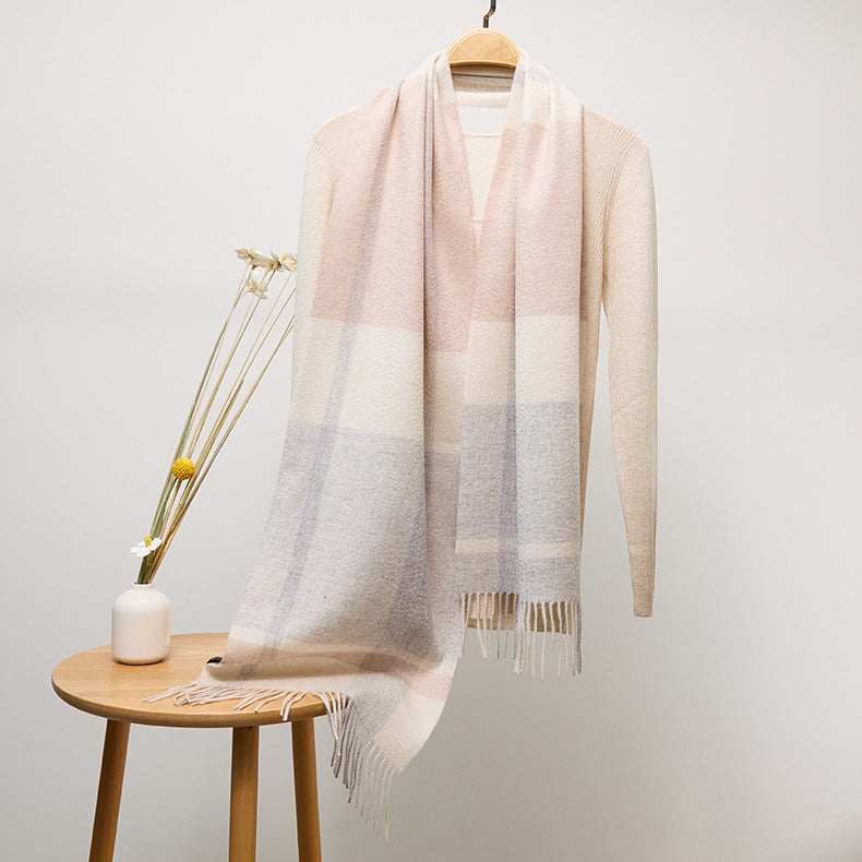 Long Plaid Pure Cashmere Scarf with Tassels