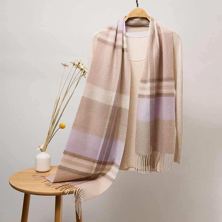 Long Plaid Pure Cashmere Scarf with Tassels