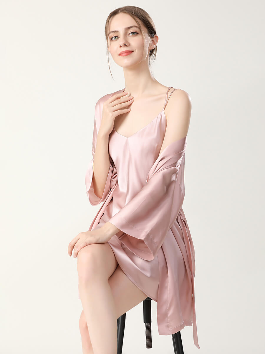 19 Momme Double-Strap Silk Chemise and Short Kimono Robe Set