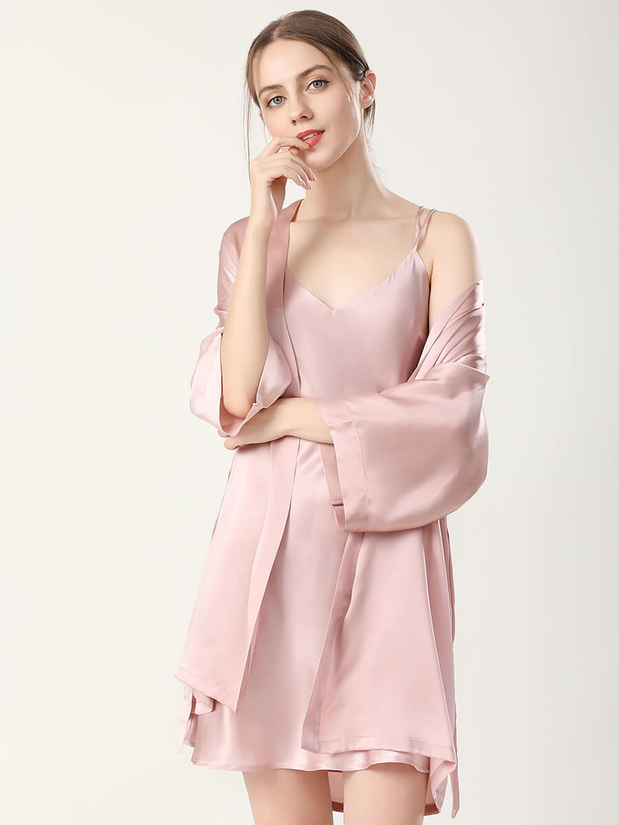 19 Momme Double-Strap Silk Chemise and Short Kimono Robe Set