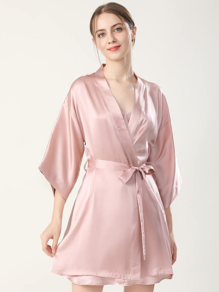 19 Momme Double-Strap Silk Chemise and Short Kimono Robe Set