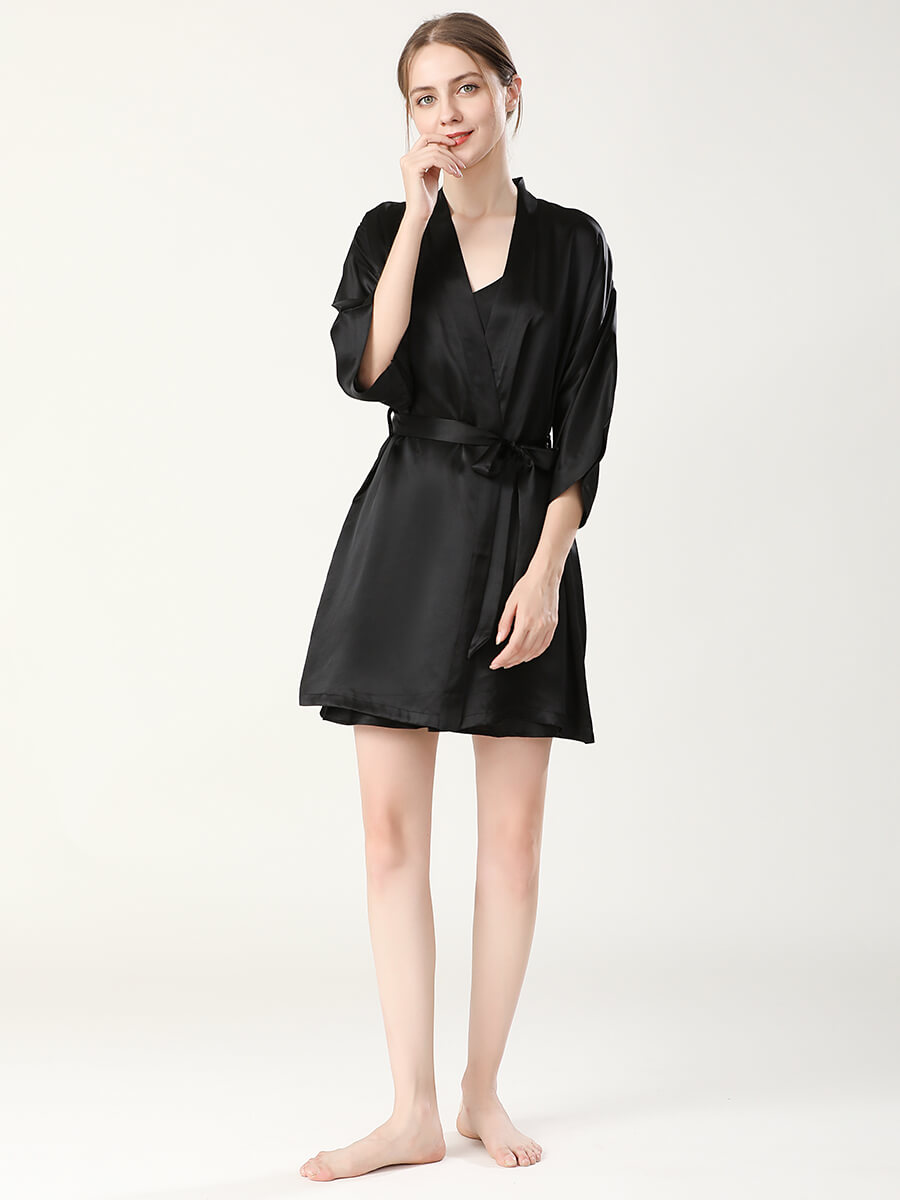 19 Momme Double-Strap Silk Chemise and Short Kimono Robe Set