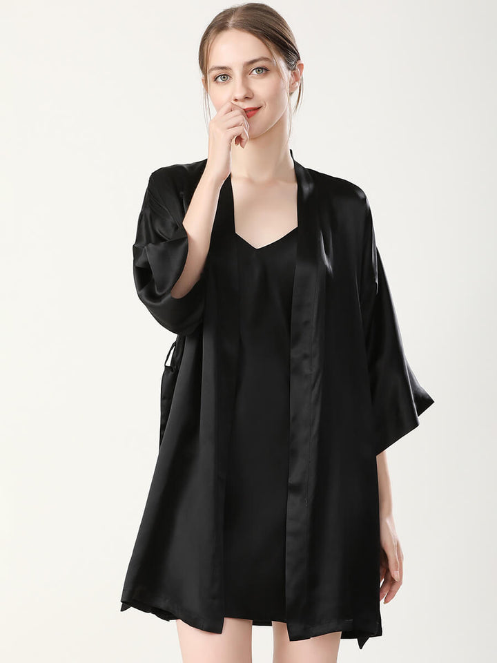 19 Momme Double-Strap Silk Chemise and Short Kimono Robe Set