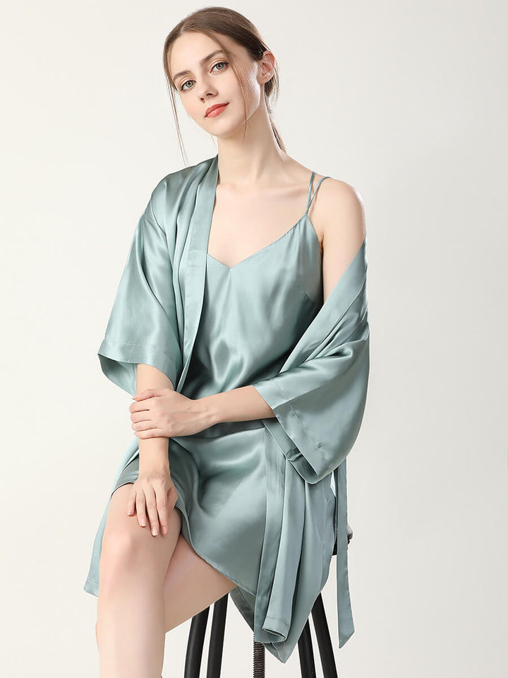 19 Momme Double-Strap Silk Chemise and Short Kimono Robe Set