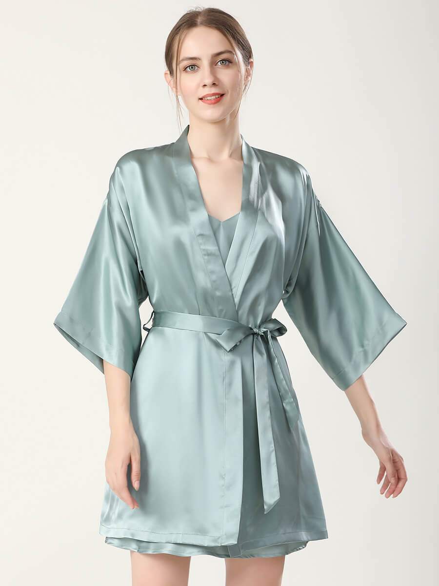 19 Momme Double-Strap Silk Chemise and Short Kimono Robe Set