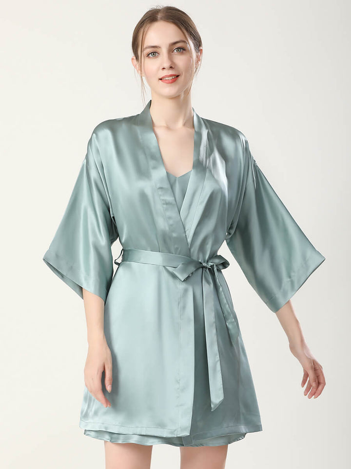 19 Momme Double-Strap Silk Chemise and Short Kimono Robe Set