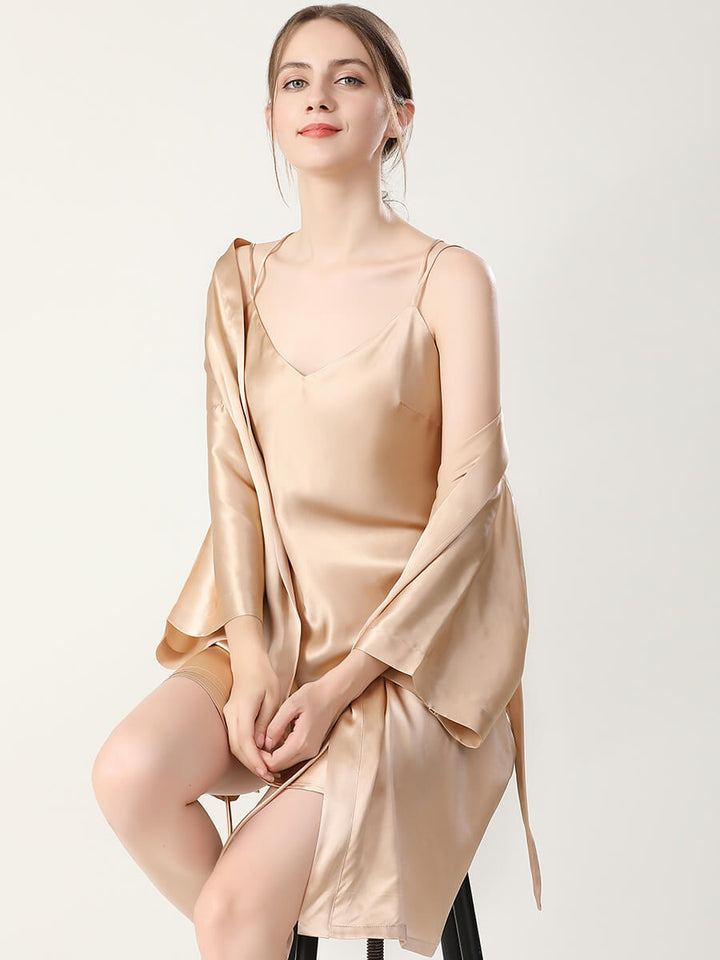 19 Momme Double-Strap Silk Chemise and Short Kimono Robe Set