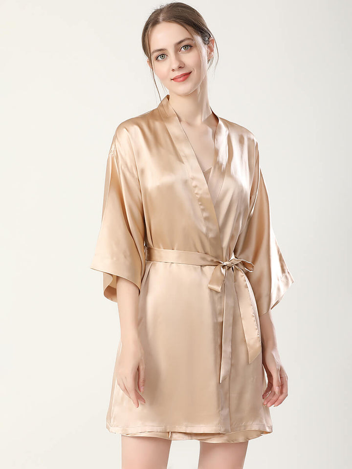 19 Momme Double-Strap Silk Chemise and Short Kimono Robe Set