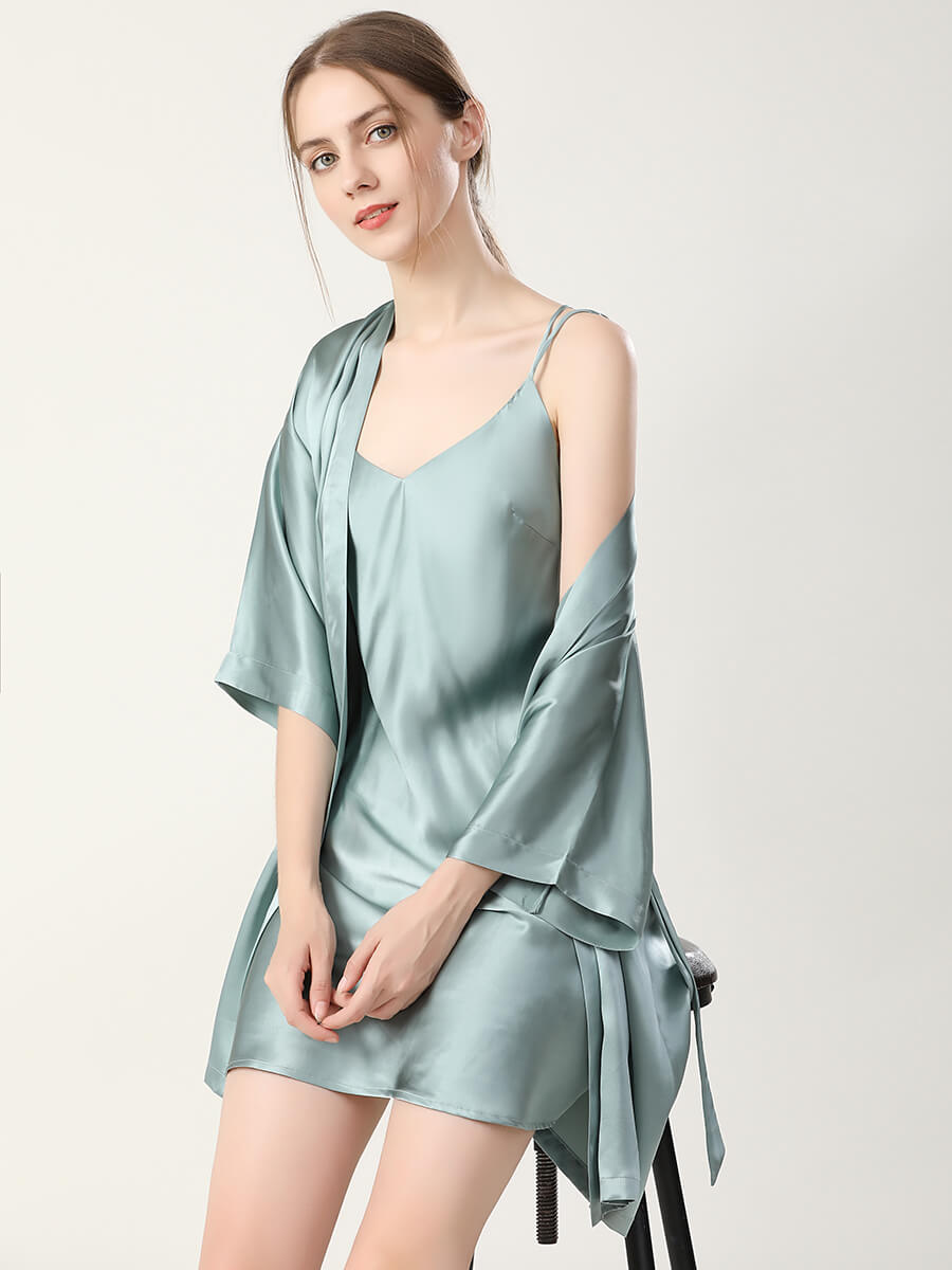 19 Momme Double-Strap Silk Chemise and Short Kimono Robe Set