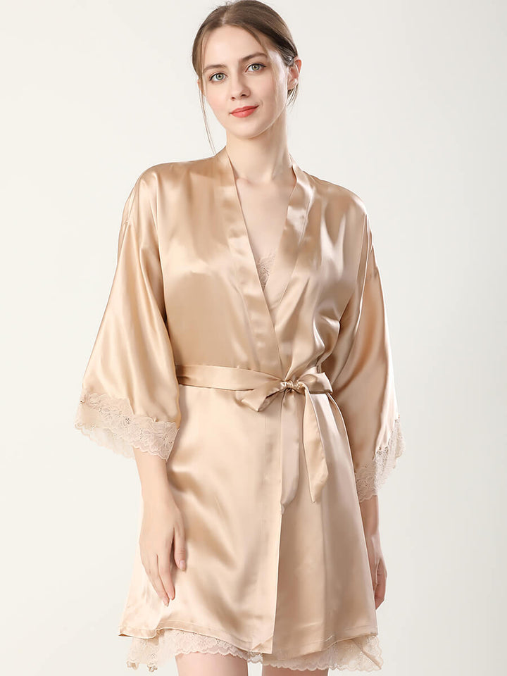 19 Momme Elegant Short Silk Chemise and Robe Set with Lace Trim