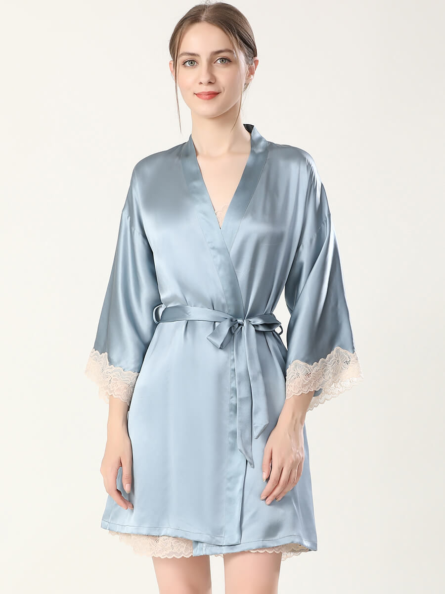 19 Momme Elegant Short Silk Chemise and Robe Set with Lace Trim