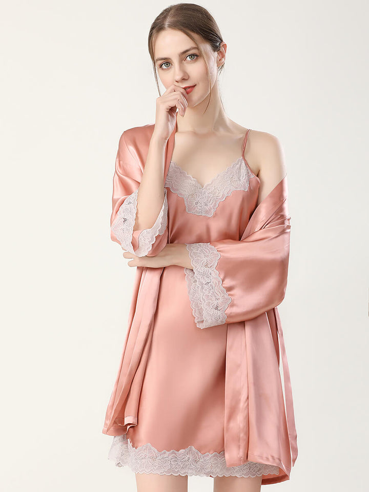 19 Momme Elegant Short Silk Chemise and Robe Set with Lace Trim