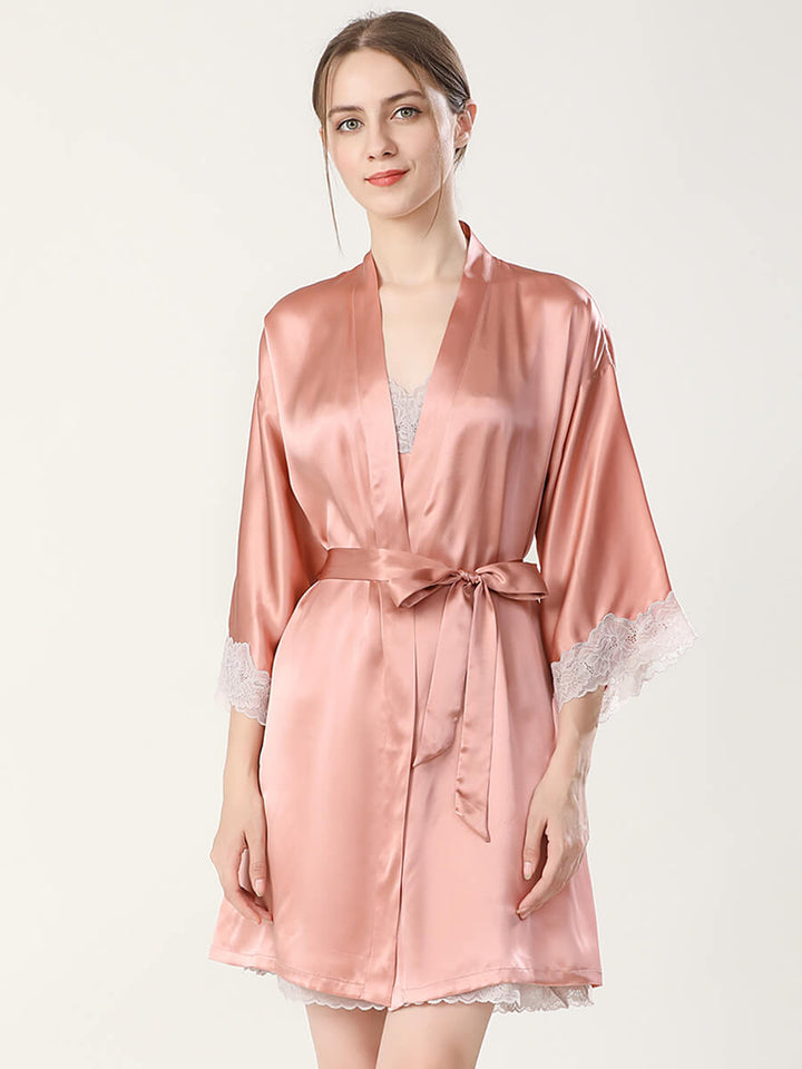 19 Momme Elegant Short Silk Chemise and Robe Set with Lace Trim