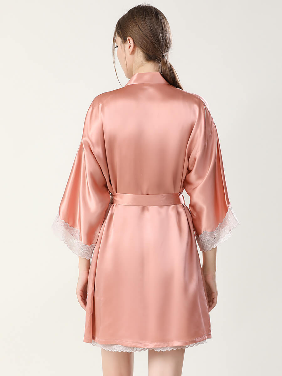 19 Momme Elegant Short Silk Chemise and Robe Set with Lace Trim