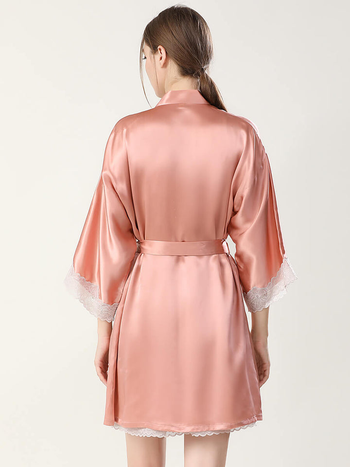 19 Momme Elegant Short Silk Chemise and Robe Set with Lace Trim