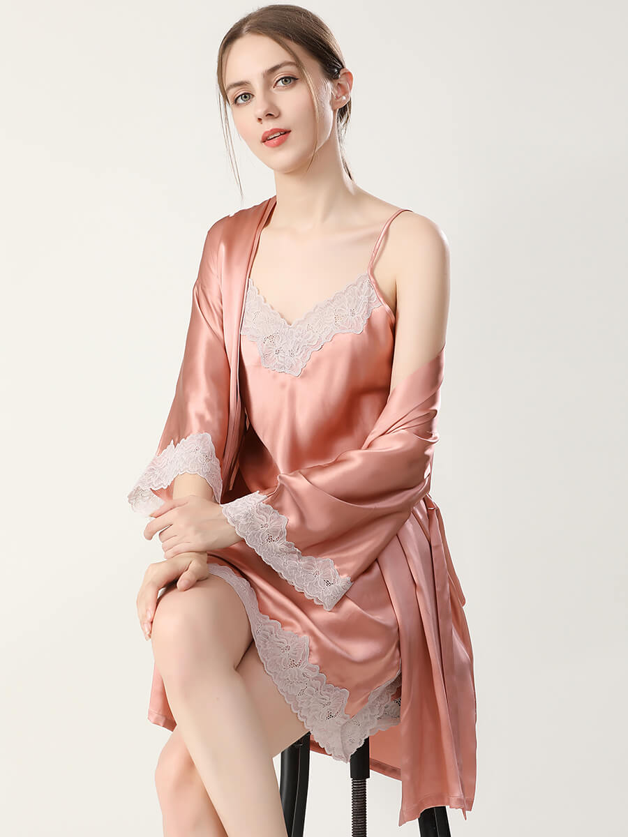 19 Momme Elegant Short Silk Chemise and Robe Set with Lace Trim