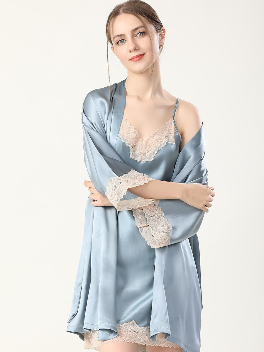 19 Momme Elegant Short Silk Chemise and Robe Set with Lace Trim