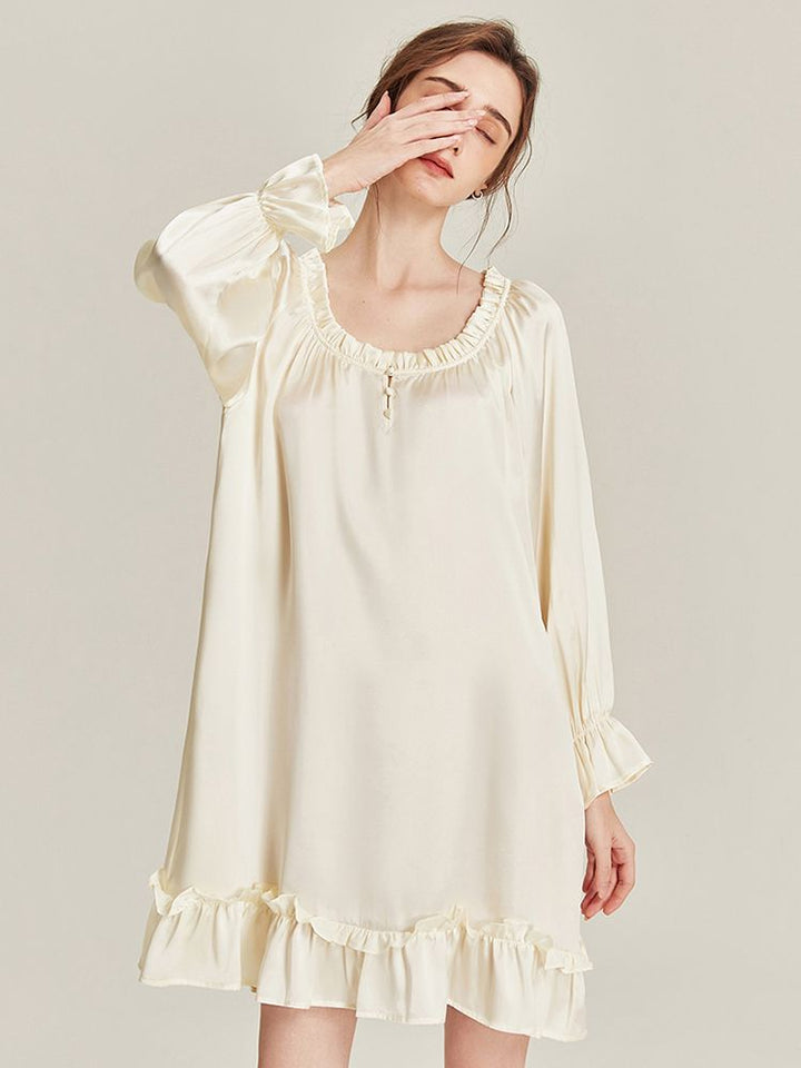 22 Momme Ivory Ruffle-Trim Long Sleeve Silk Nightdress