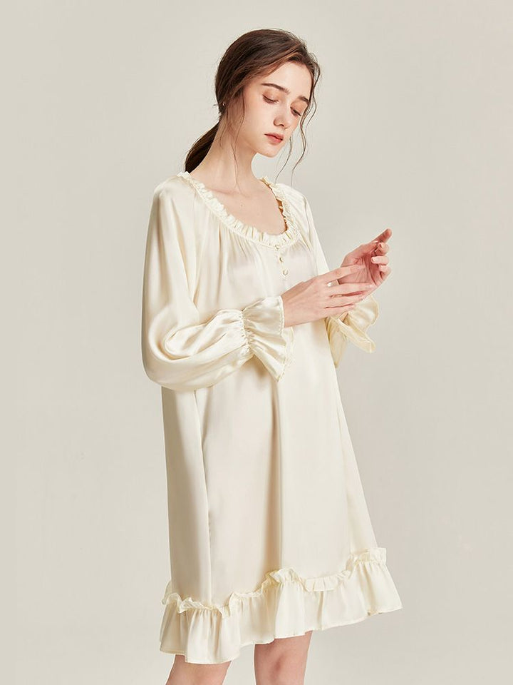 22 Momme Ivory Ruffle-Trim Long Sleeve Silk Nightdress