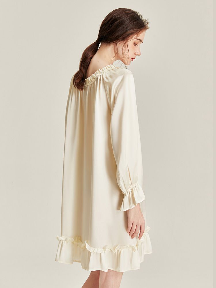 22 Momme Ivory Ruffle-Trim Long Sleeve Silk Nightdress