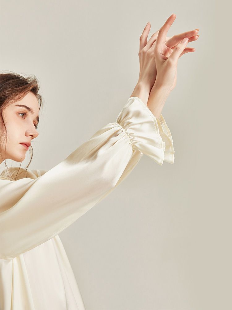 22 Momme Ivory Ruffle-Trim Long Sleeve Silk Nightdress