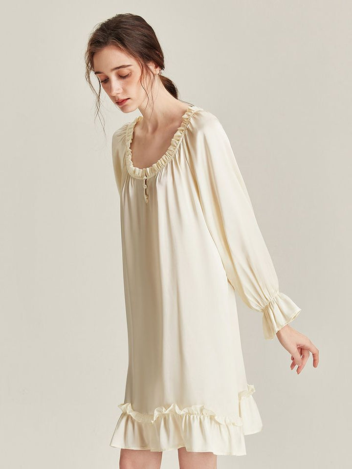 22 Momme Ivory Ruffle-Trim Long Sleeve Silk Nightdress