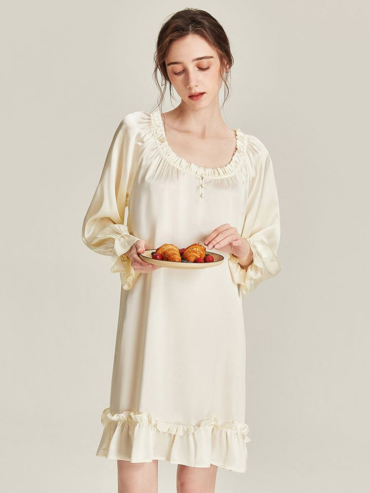 22 Momme Ivory Ruffle-Trim Long Sleeve Silk Nightdress