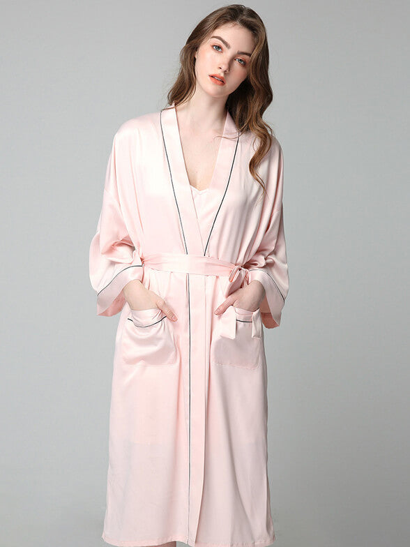 19 Momme Long Silk Nightgown and Robe Set with Piping