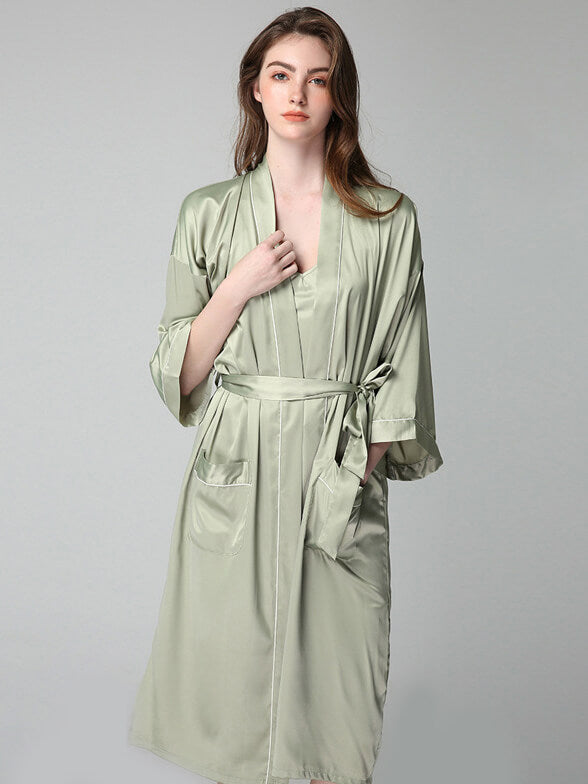 19 Momme Long Silk Nightgown and Robe Set with Piping