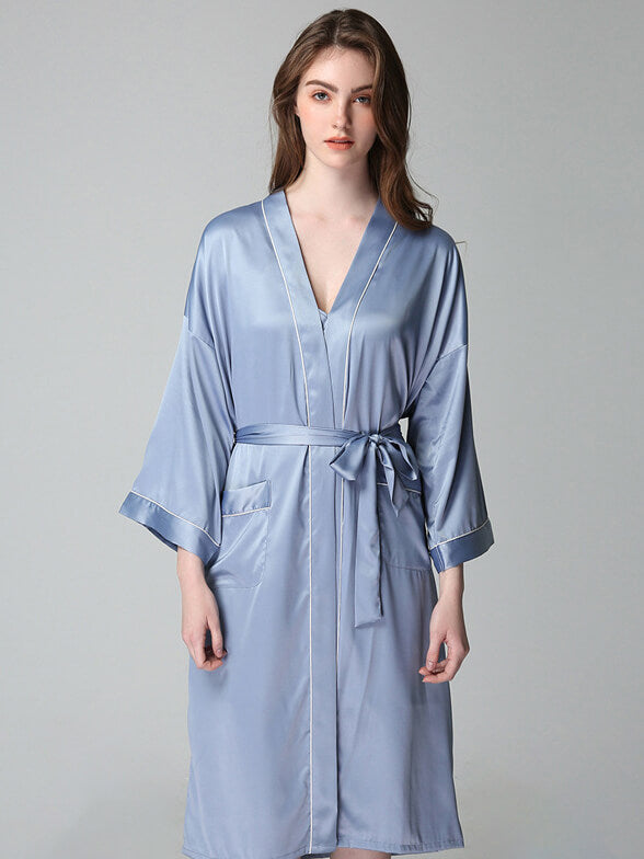 19 Momme Long Silk Nightgown and Robe Set with Piping