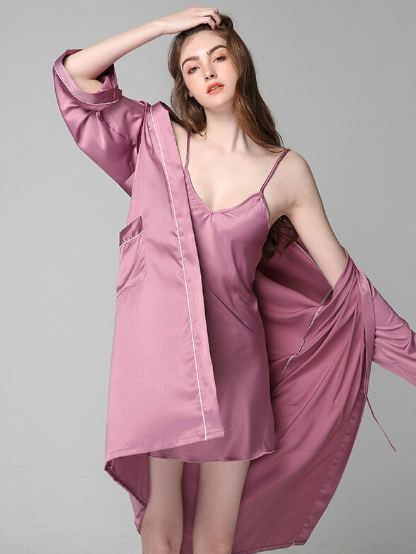 19 Momme Long Silk Nightgown and Robe Set with Piping