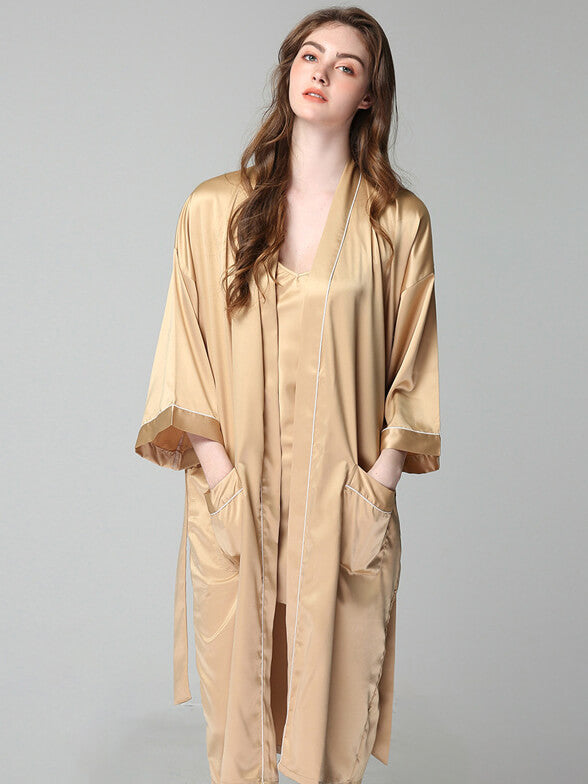 19 Momme Long Silk Nightgown and Robe Set with Piping