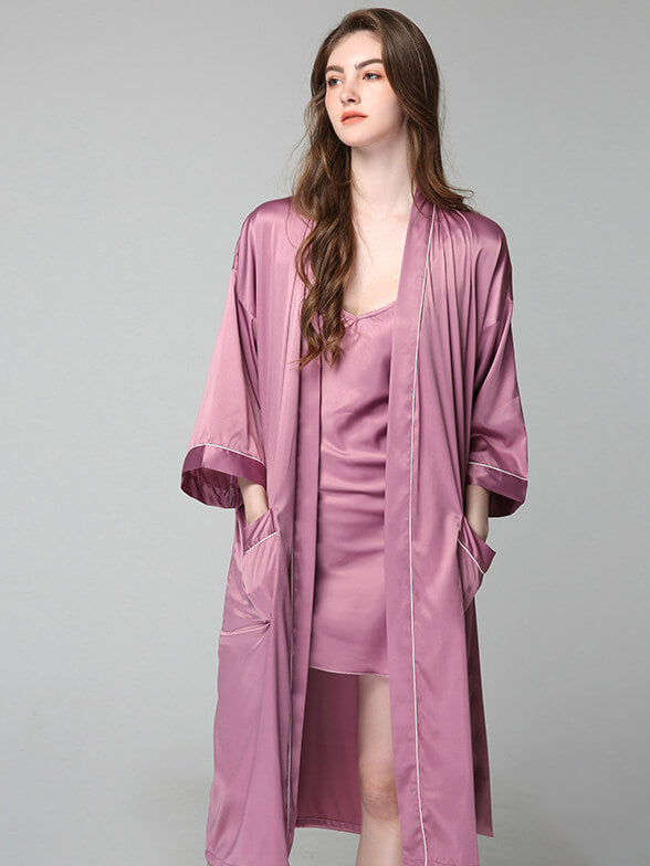 19 Momme Long Silk Nightgown and Robe Set with Piping