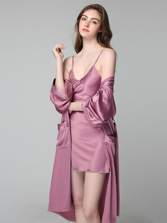 19 Momme Long Silk Nightgown and Robe Set with Piping