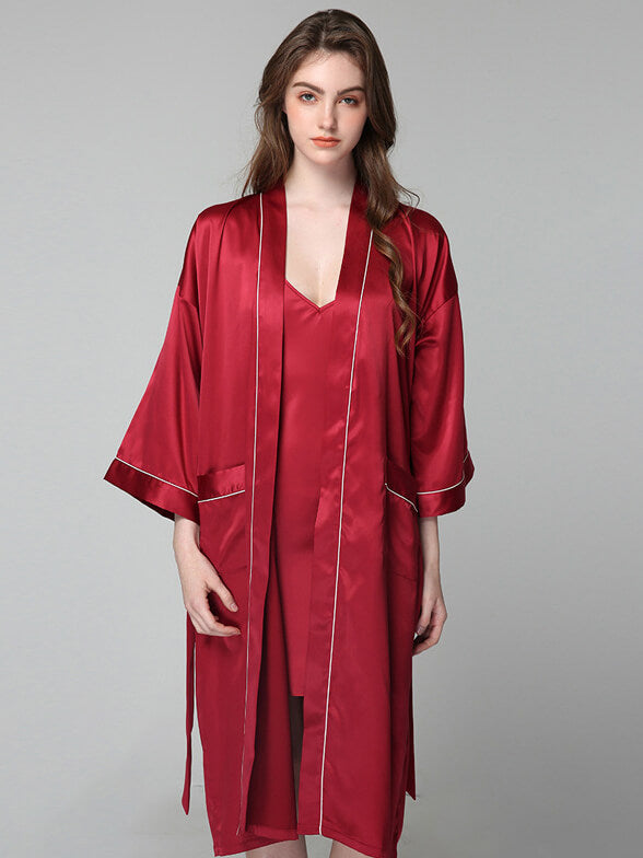 19 Momme Long Silk Nightgown and Robe Set with Piping