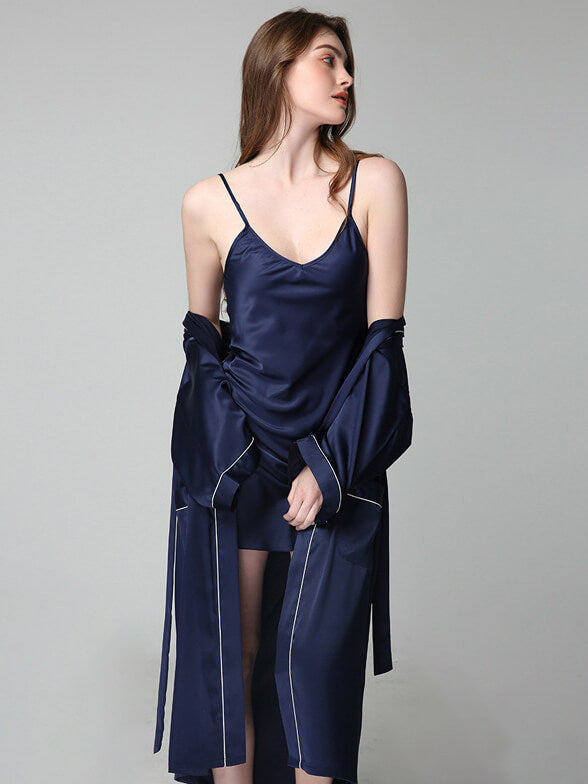 19 Momme Long Silk Nightgown and Robe Set with Piping