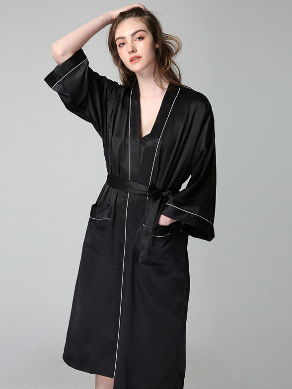 19 Momme Long Silk Nightgown and Robe Set with Piping