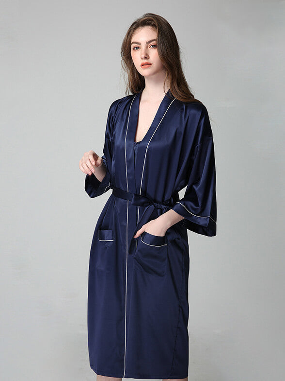 19 Momme Long Silk Nightgown and Robe Set with Piping
