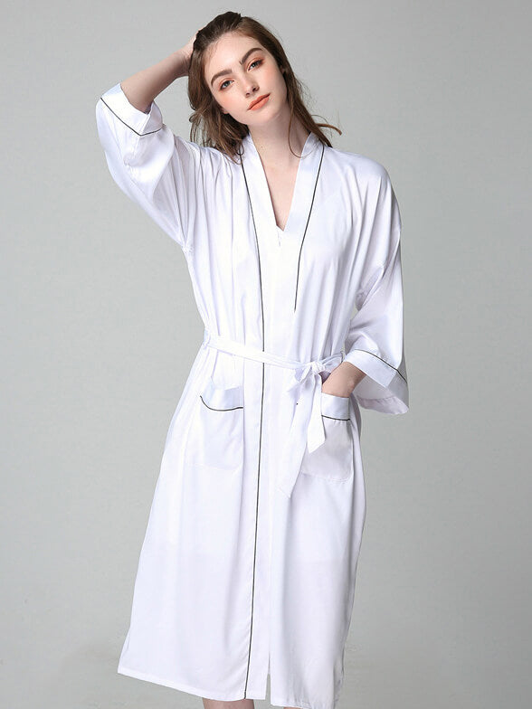 19 Momme Long Silk Nightgown and Robe Set with Piping