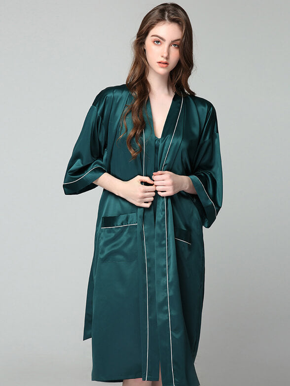 19 Momme Long Silk Nightgown and Robe Set with Piping