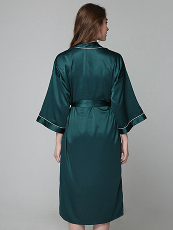 19 Momme Long Silk Nightgown and Robe Set with Piping