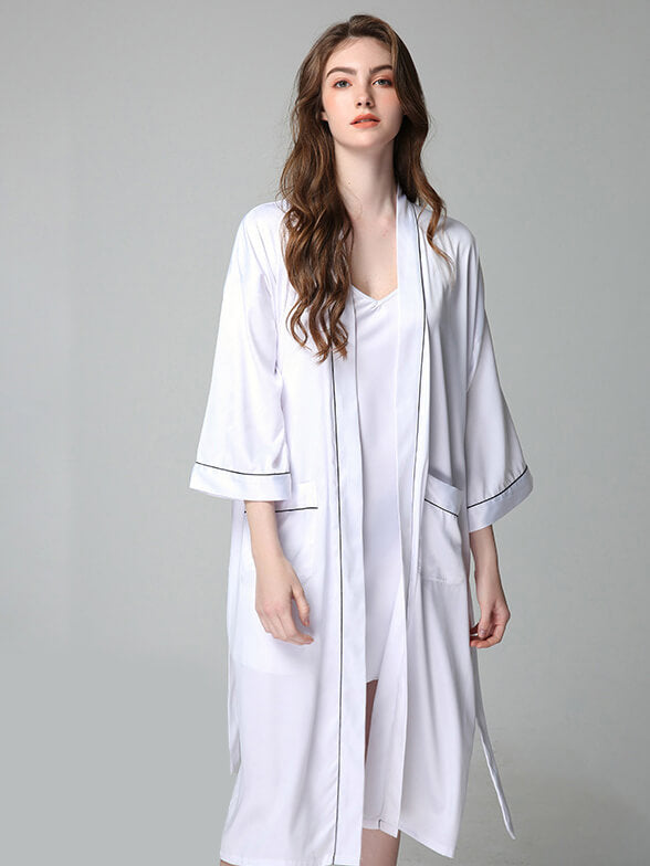 19 Momme Long Silk Nightgown and Robe Set with Piping