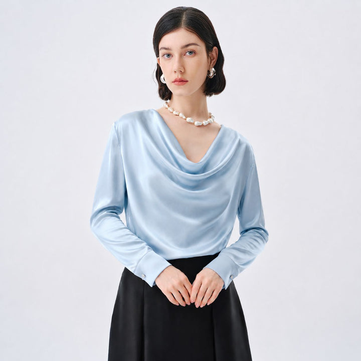 22 Momme Long Sleeve Cowl Neck Silk Blouse for Women
