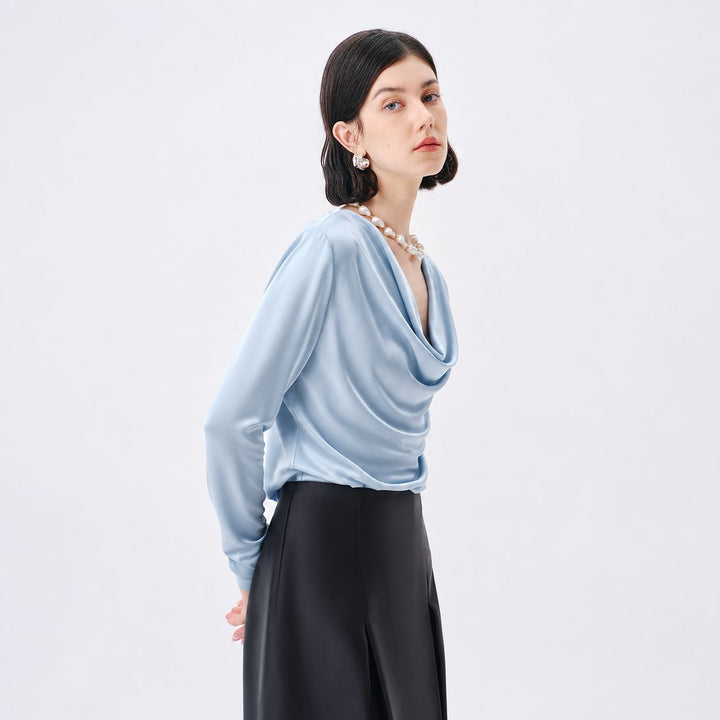 22 Momme Long Sleeve Cowl Neck Silk Blouse for Women