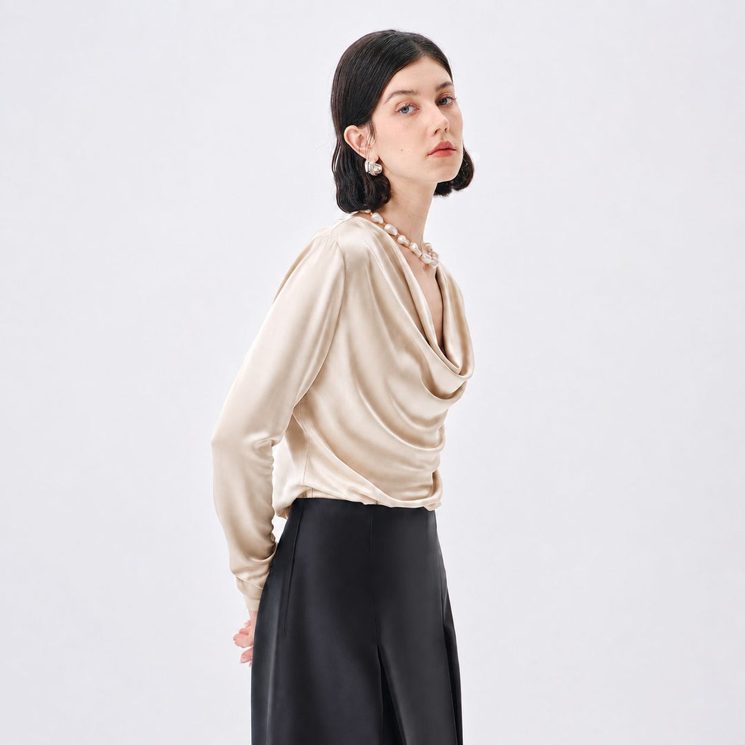 22 Momme Long Sleeve Cowl Neck Silk Blouse for Women