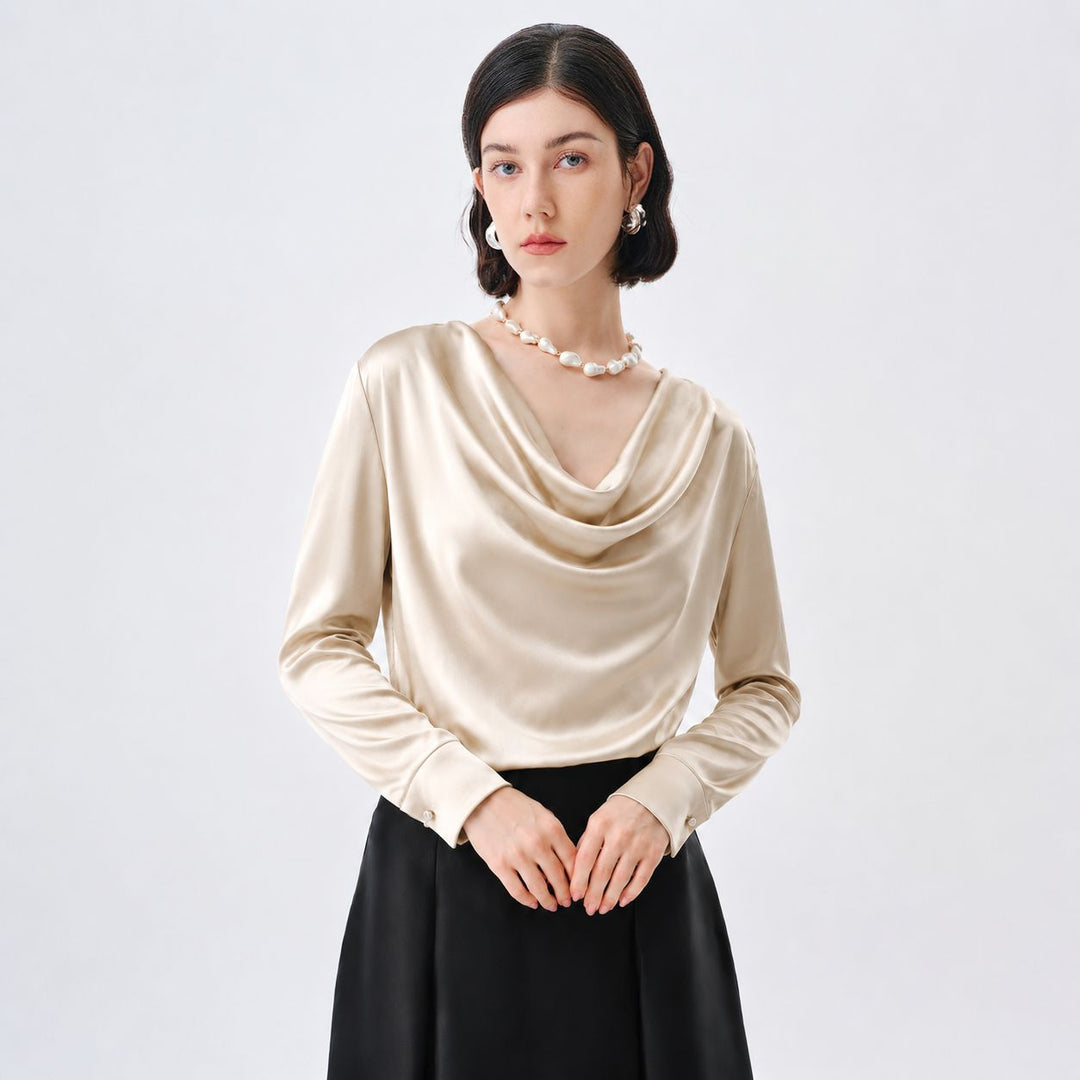 22 Momme Long Sleeve Cowl Neck Silk Blouse for Women